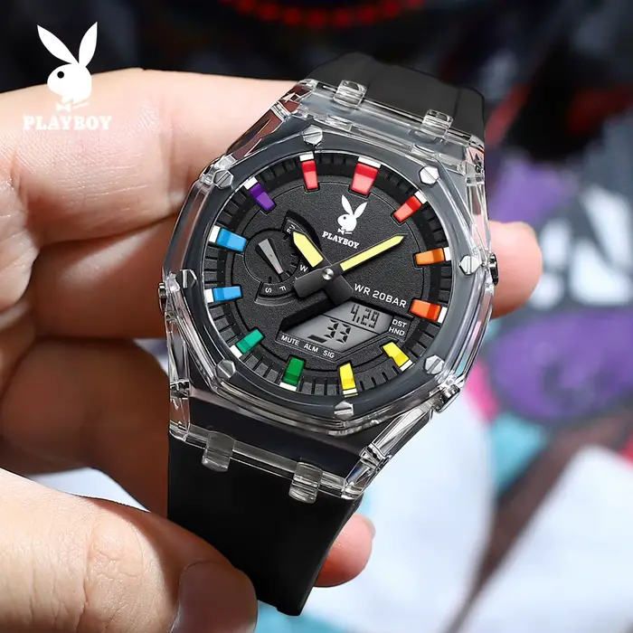 Montre de luxe PLAYBOY homme bracelet caoutchouc résistante à l'eau analogique-digital occassions spéciales