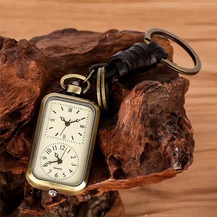 Montre de poche en bronze carrée rétro double affichage de l'heure mouvement à quartz sans couvercle pendentif style antique porte-clés élégant pour homme et femme occasions spéciales