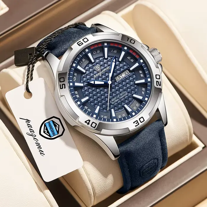 Montre PAAZOMU en alliage avec bracelet en cuir pour homme, résistante à l'eau, design luxueux et militariste, mouvement à quartz, calendrier complet, mains luminescentes