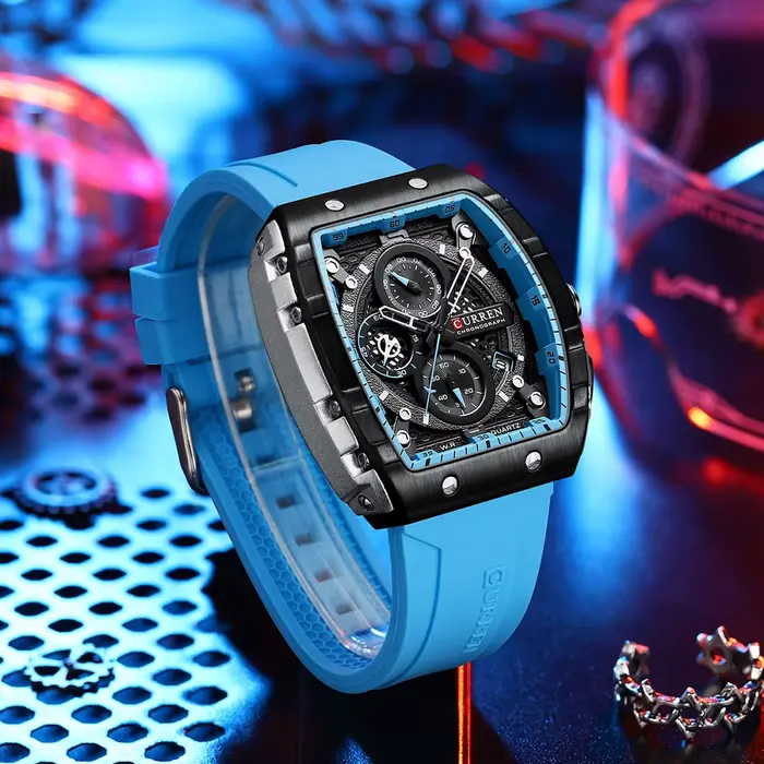CURREN Tonneau cadran montre de Sport pour hommes mode montre-bracelet à Quartz étanche avec Date automatique bracelet en Silicone jaune lumineux