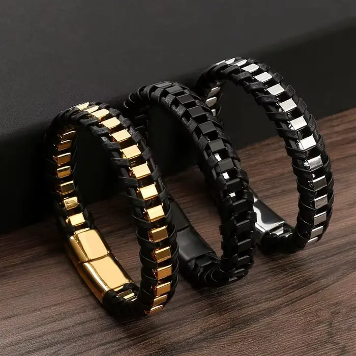Bracelet tressé en acier inoxydable et cuir tissé à la main pour hommes