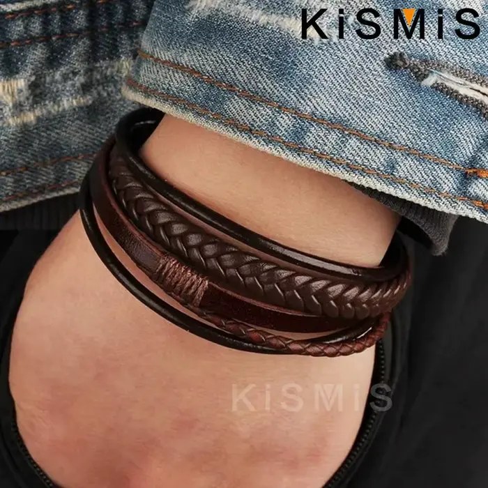 Bracelet en cuir tissé multicouche pour hommes