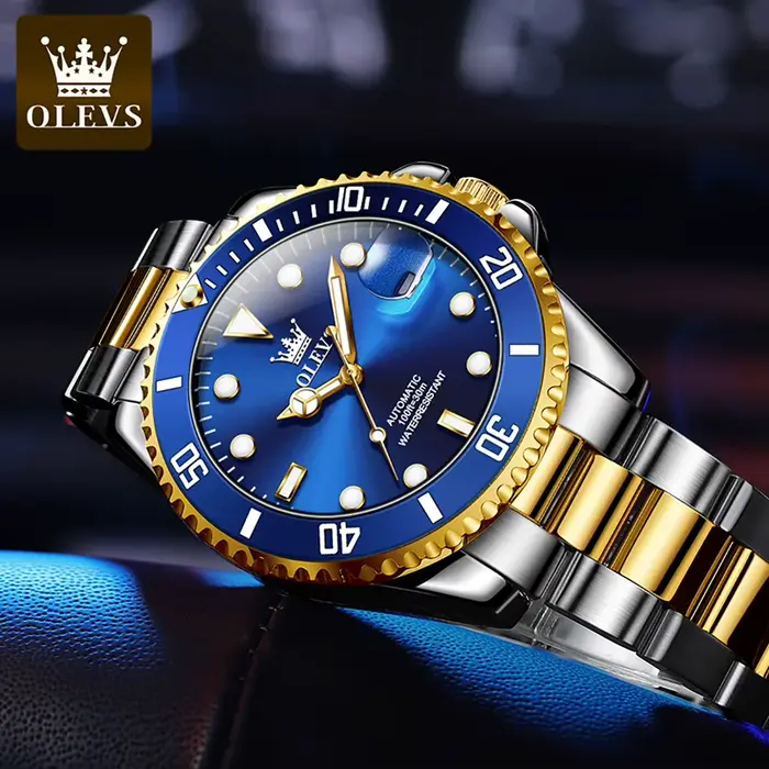 Montre automatique OLEVS en acier inoxydable avec zircon lumineux pour hommes, résistante à l'eau et intemporelle pour diverses occasions