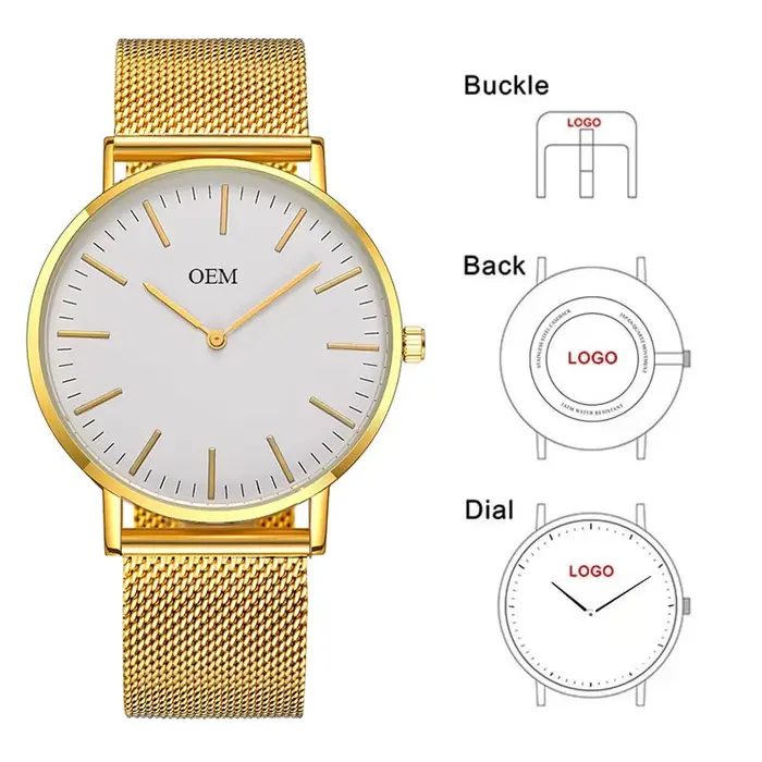 Montre Personnalisée avec Logo de Marque pour Homme et Femme, Bracelet en Maille en Acier Inoxydable
