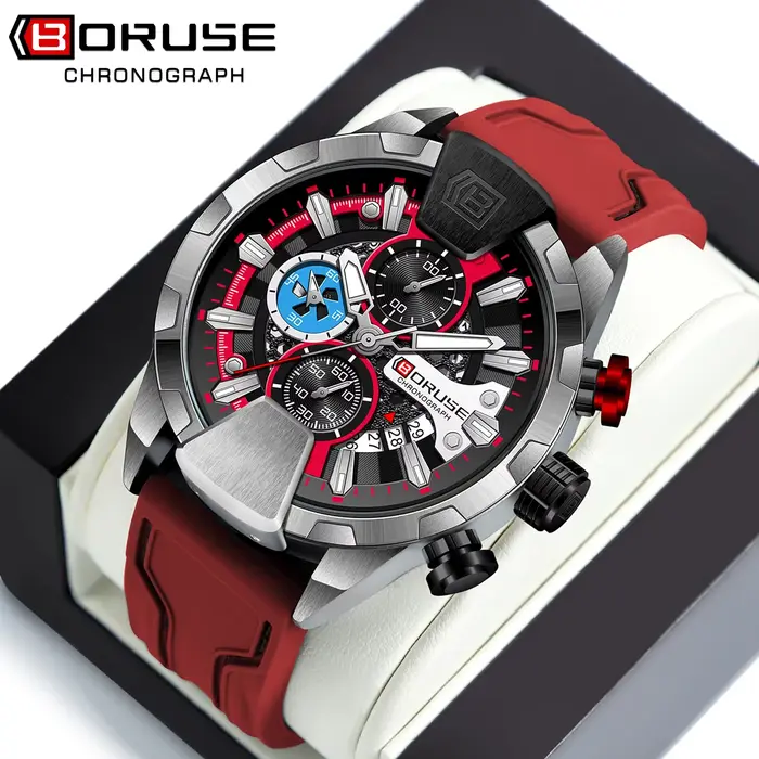 BORUSE montres pour hommes rouge étanche chronographe montre