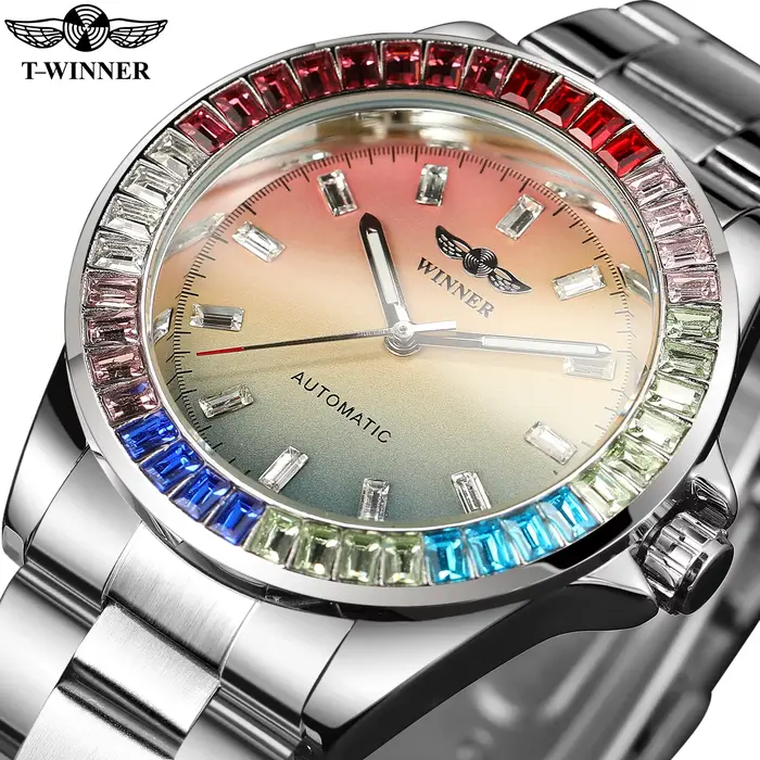 Montres mécaniques T-WINNER diamants colorés automatiques pour hommes luxe étanches pour occasions spéciales