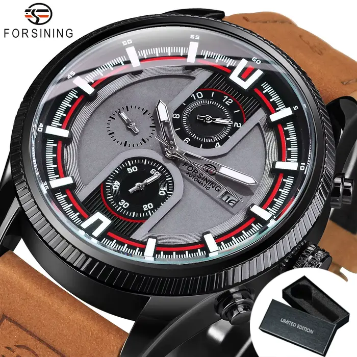 Forsining – montre de sport pour hommes, marque de luxe, calendrier, bracelet en cuir marron, mains 