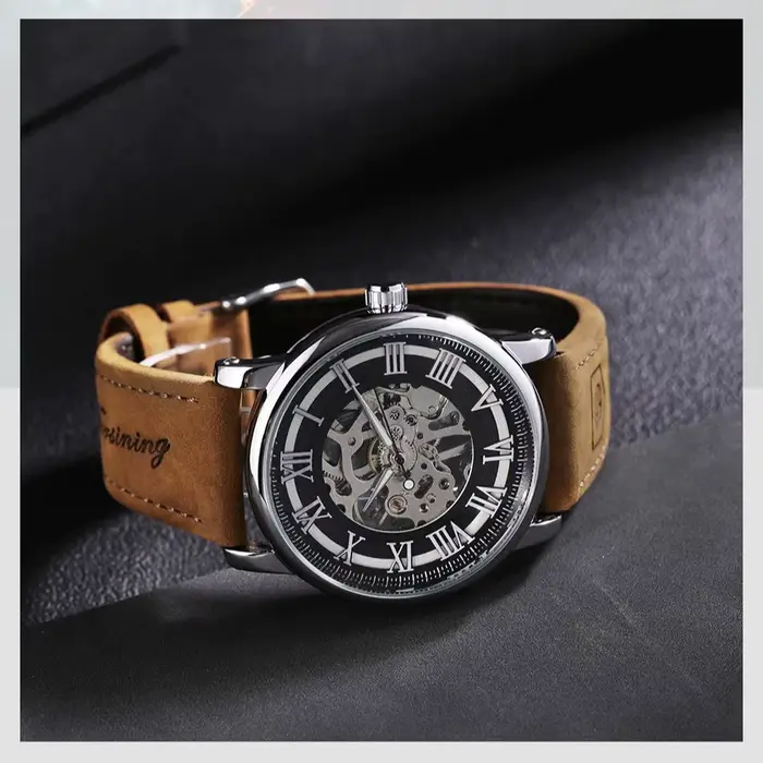 Montre Mécanique Manuelle Squelette Hommes Cuir Marron Élégante Pour Occasions Spéciales