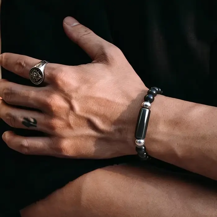 Bracelet en hématite naturelle pour hommes – Perles en forme de baril pour la paix