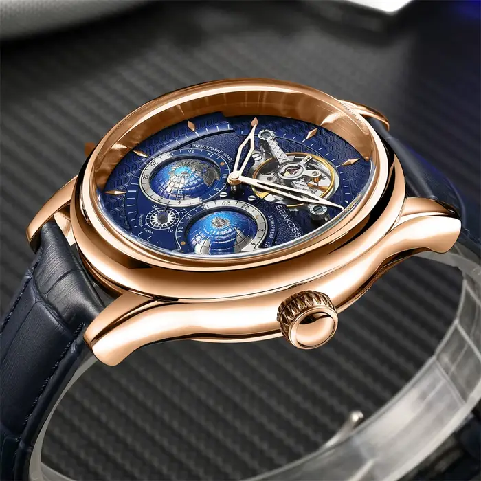  SEAKOSS 47mm hommes montres mécaniques automatiques Double terre heure mondiale verre saphir rotation 3D