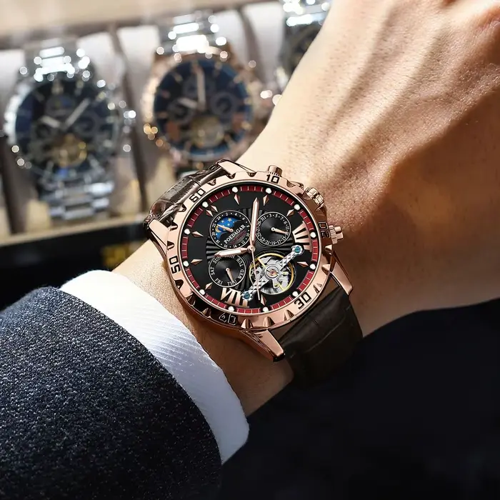 Montre automatique POEDAGAR avec tourbillon et calendrier complet pour homme, résistance à l'eau, bracelet en cuir, pour soirées et activités quotidiennes