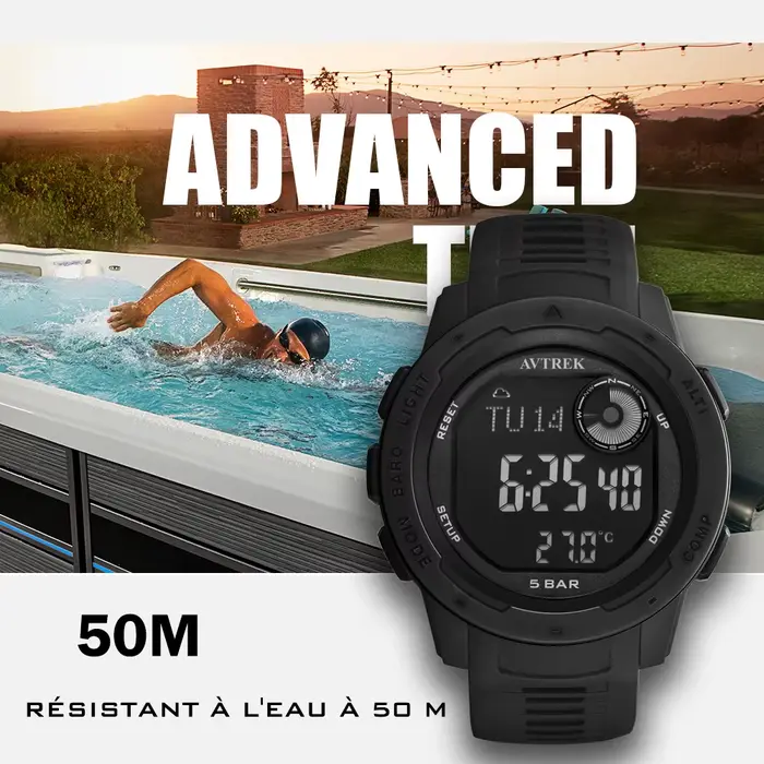 Montre numérique AVTREK pour homme avec boussole et podomètre résistante à l'eau pour activités outdoor et sports de plein air