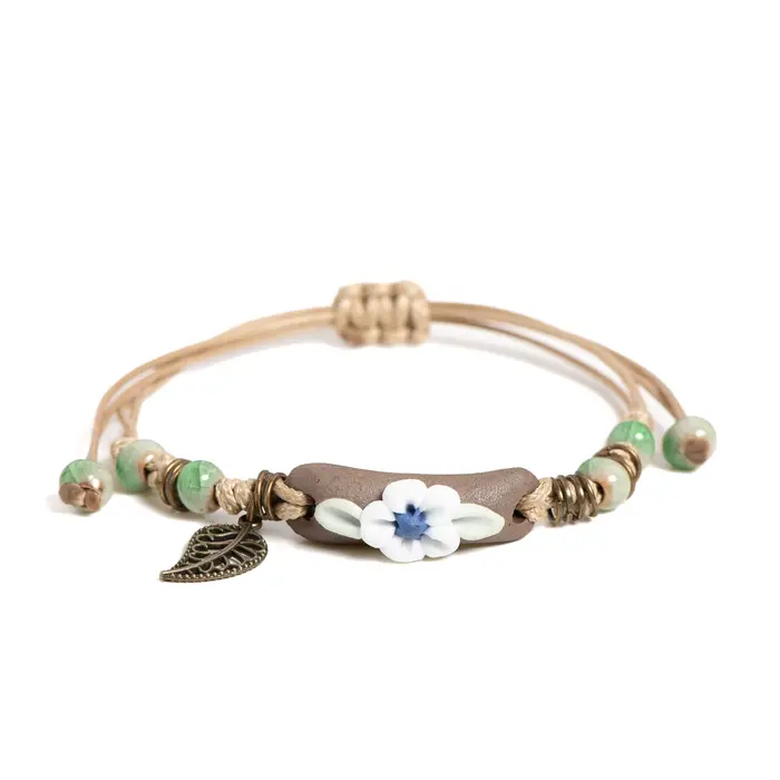Bracelet fleur en céramique bleu et blanc réglable 14-24cm, bijoux bohèmes avec perles vertes et pen
