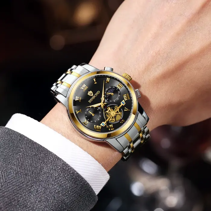 Montre-bracelet à quartz étanche pour homme avec cadran à échelle romaine classique et chronographe multifonctionnels pour occasions spéciales et activités sportives