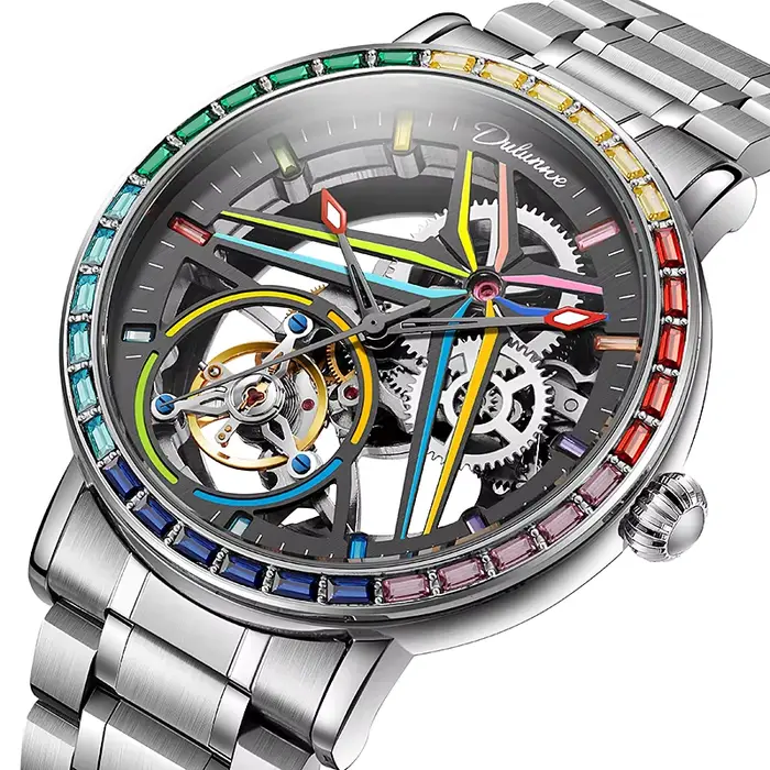 Montre Seton Tourbillon avec pierres précieuses colorées arc-en-ciel pour homme