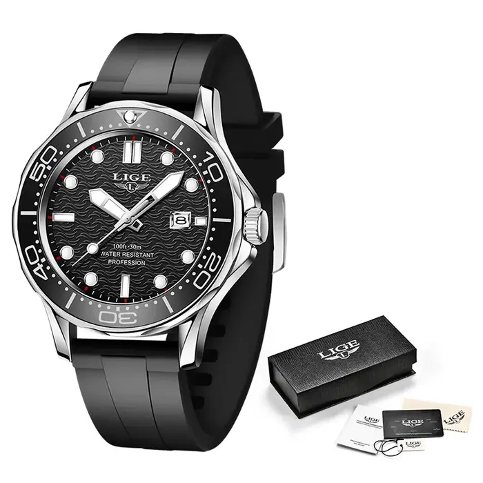 Montre de plongée LIGE en acier inoxydable avec mouvement quartz, résistance à l'eau, mains luminescentes et calendrier complet pour homme occassions spéciales