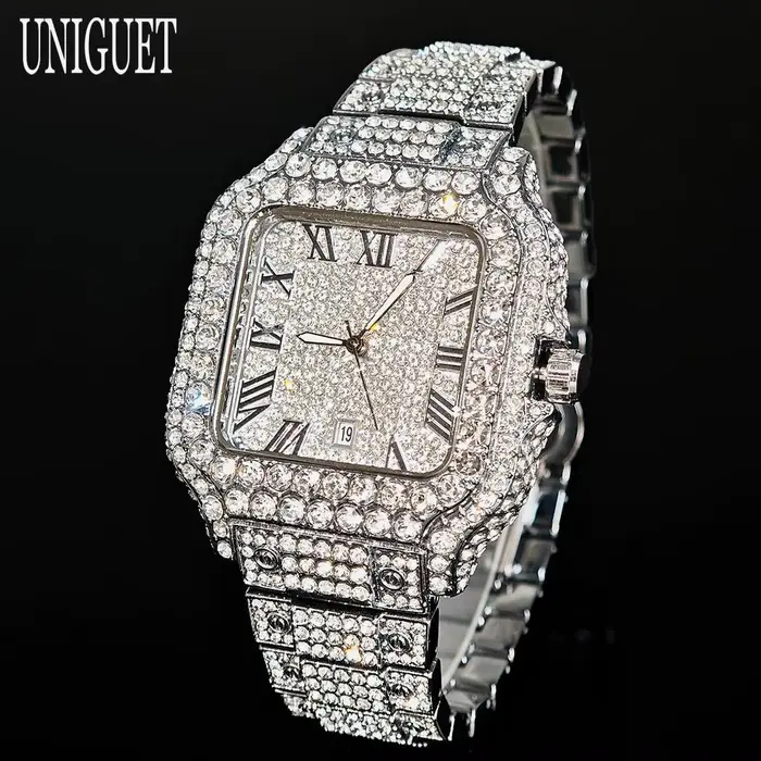 Montre de luxe carrée en acier inoxydable avec affichage lumineux et date automatique pour hommes mode Hip Hop occassions spéciales