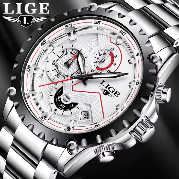 Montre Hommes LIGE Argent Acier Inoxydable Chronographe Résistante à l'Eau Occasions Spéciales