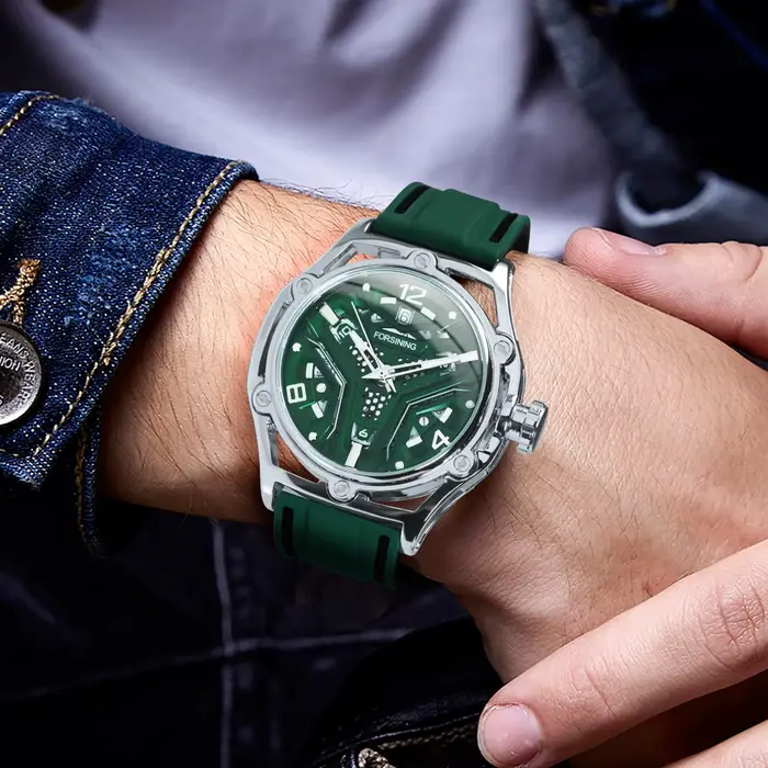 Montre Squelette Forsining pour Homme Bracelet en Caoutchouc Vert Montre Mécanique Automatique Style Professionnel Lumineuses Calendrier Occasions Spéciales Aventures Journées Relaxantes