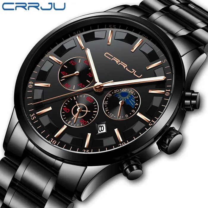 CRRJU-Montre à quartz étanche en acier pour homme, montres de sport, horloge noire, mode d'affaires, marque supérieure, luxe