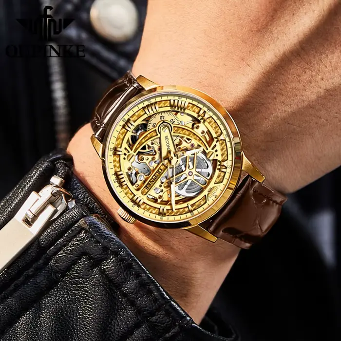 Montre-bracelet OUPINKE 3173 en acier inoxydable avec bracelet en cuir pour homme, luxe, chronographe, résistance à l'eau, design squeletté, affichage romain