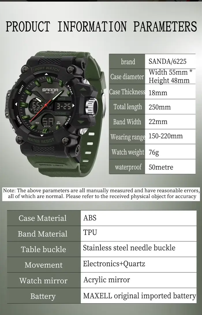 SANDA montre de sport pour hommes femmes Quartz numérique double affichage montres résistant aux chocs à l'eau Camping montre-bracelet 5M 6225
