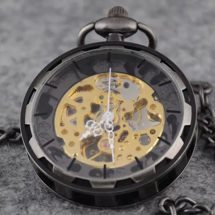 Montre à gousset — Steampunk squelette mécanique montre de poche argent acier main vent mode pendent