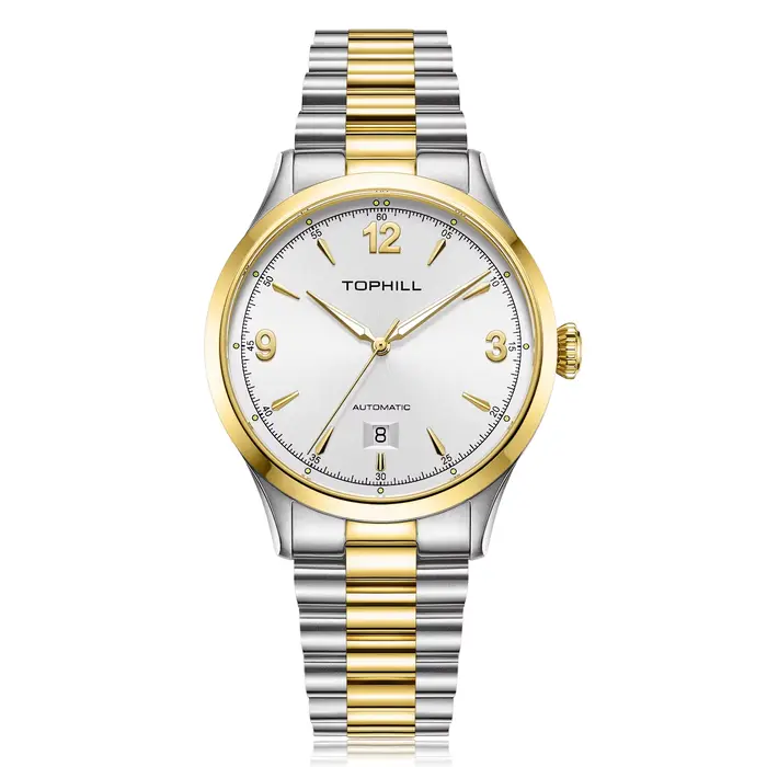 Montre automatique Tophill TW100G avec cadran soleil argenté, bleu, doré, mouvement Miyota 8215, résistance à l'eau 5ATM, bracelet en acier inoxydable 316L, idéale pour occasions professionnelles et cadeaux d'affaires