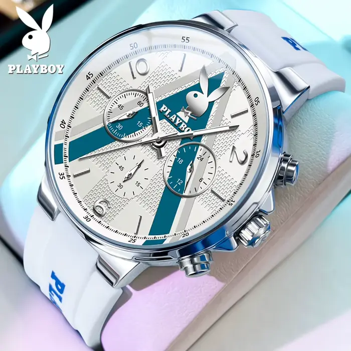 PLAYBOY 3046 Montre-bracelet à quartz pour homme, bracelet en silicone tendance, étanche, chronograp