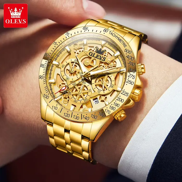 OLEVS 9913 tout or luxe hommes montre marque conception creuse
