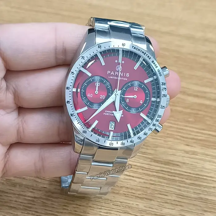 Parnis 40mm cadran rouge Quartz chronographe montre pour hommes bracelet en acier inoxydable