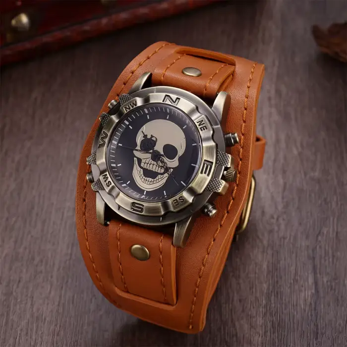 Montre homme vintage ethnique bracelet en cuir grand cadran quartz personnalisée crâne décoratif éducative occasionnels spéciaux