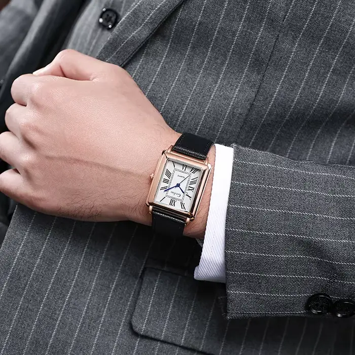 Montre-bracelet à quartz pour hommes avec bracelet en cuir rectangulaire style fashion et casual pour diverses occasions sociales et professionnelles