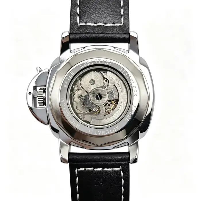 Montre classique homme cadran lumineux automatique militaire cuir véritable argent brun occasionnels élégance