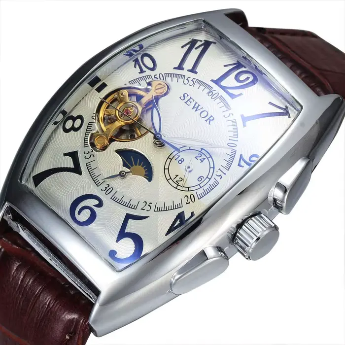 Montre SEWOR en acier inoxydable avec mouvement automatique pour homme, design tonneau, fonction lumineuse et résistance aux chocs, idéale pour toutes les occasions