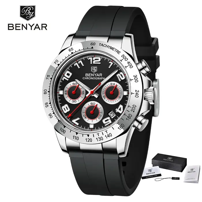 Montre de sport en acier inoxydable BENYAR avec chronographe résistant à l'eau pour homme, plongeur, date automatique, aiguilles lumineuses, style luxueux, pour diverses occasions et activités sportives