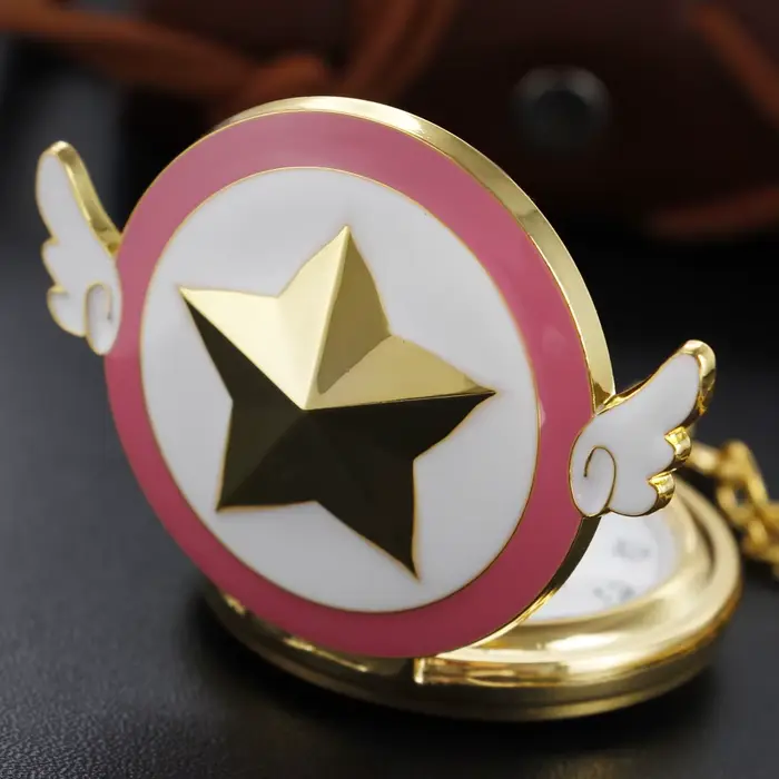 Montre de Poche à Quartz avec Petites Ailes Étoile à Cinq Branches Collier Mode Pendentif Horloge Cadeau Occasionnels Hommes Femmes