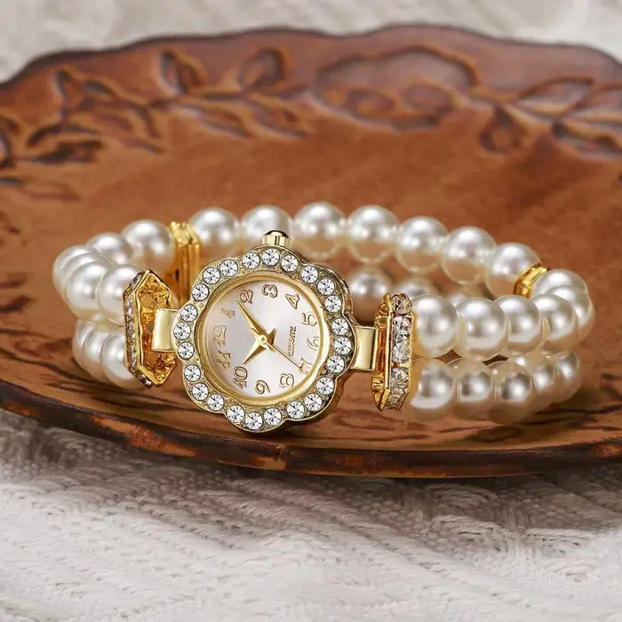 Montre élastique à double rangée de perles imitation