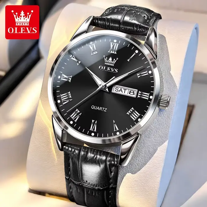 Montres OLEVS 5892 pour hommes, bracelet en cuir, double calendrier, échelle romaine, simple, élégan