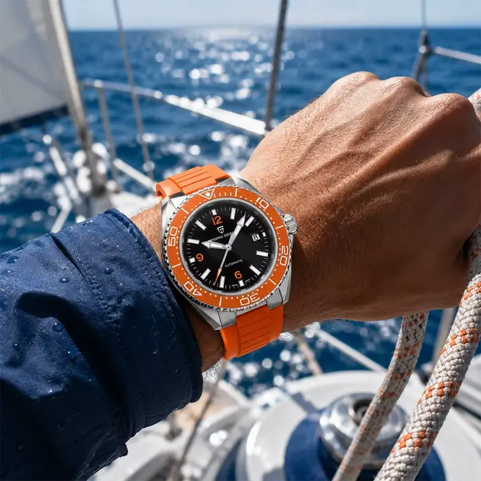 Montre Pagani Design de plongée orange automatique avec mouvement mécanique japonais pour hommes occassions sportives et plongées