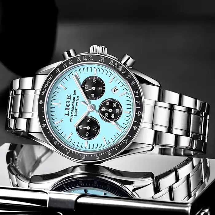 Montre homme LIGE acier inoxydable sport quartz avec chronographe et résistance à l'eau pour activités quotidiennes et sportives