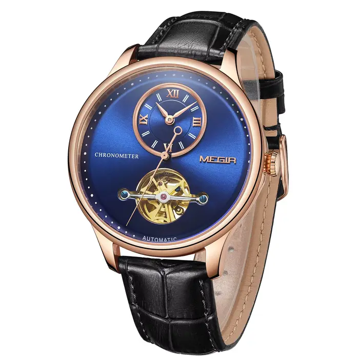 Montres mécaniques horloge multifonction Montre Homme cuir mouvement automatique 5 ATM étanche montre-bracelet creuse Megir 62070