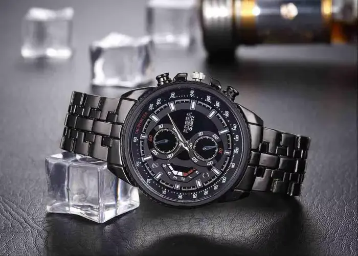 Montre de sport à quartz en acier inoxydable pour homme, montre-bracelet noire