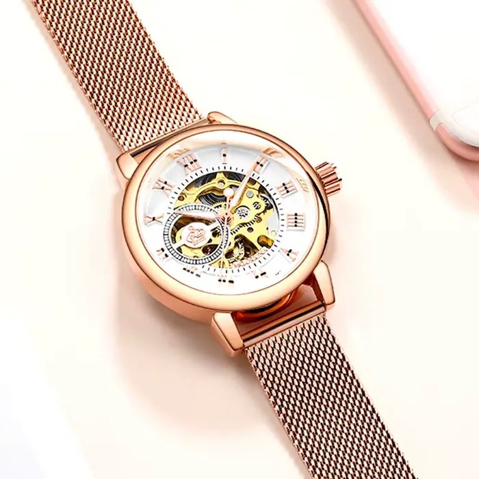 ORKINA marque de luxe squelette conception étanche automatique mécanique en acier inoxydable maille bracelet or Rose montre-bracelet pour les femmes