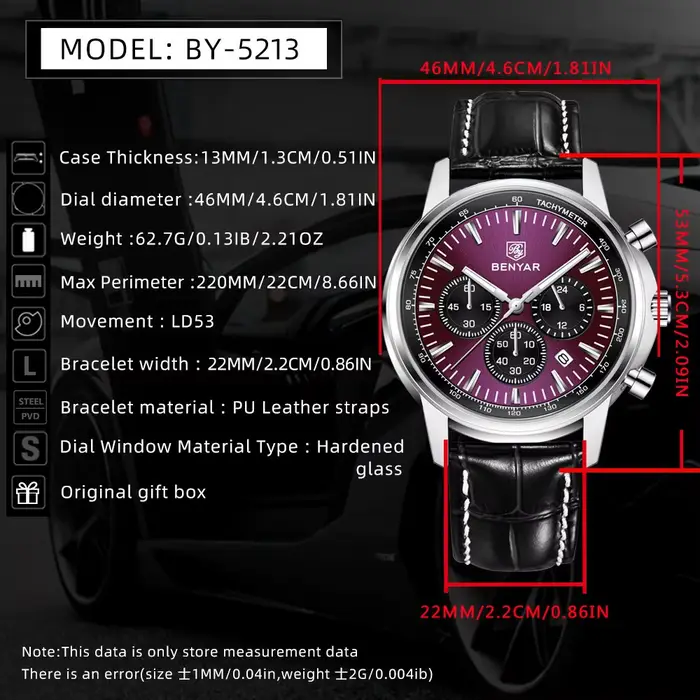 Benyar montres de luxe pour hommes Date chronographe Lrather homme montre étanche lumineux Sport militaire