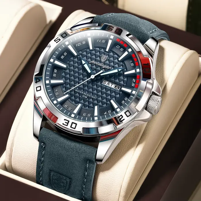 POEDAGAR Original homme montre-bracelet haut de gamme étanche lumineux Date semaine montre pour hommes Quartz Sport cuir