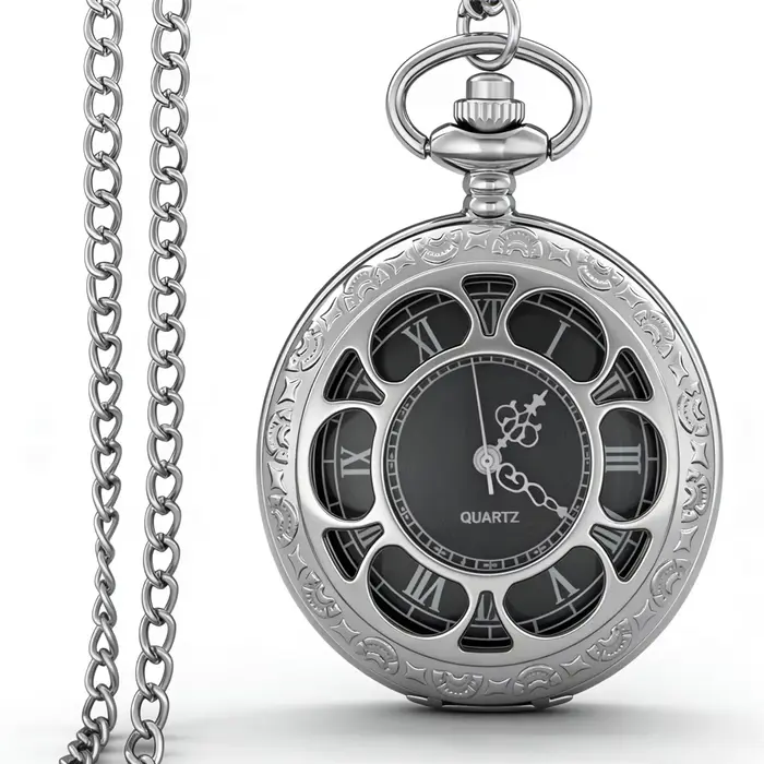 Montre de poche vintage rétro populaire en argent, squelette ajouré, chiffres romains, montre penden