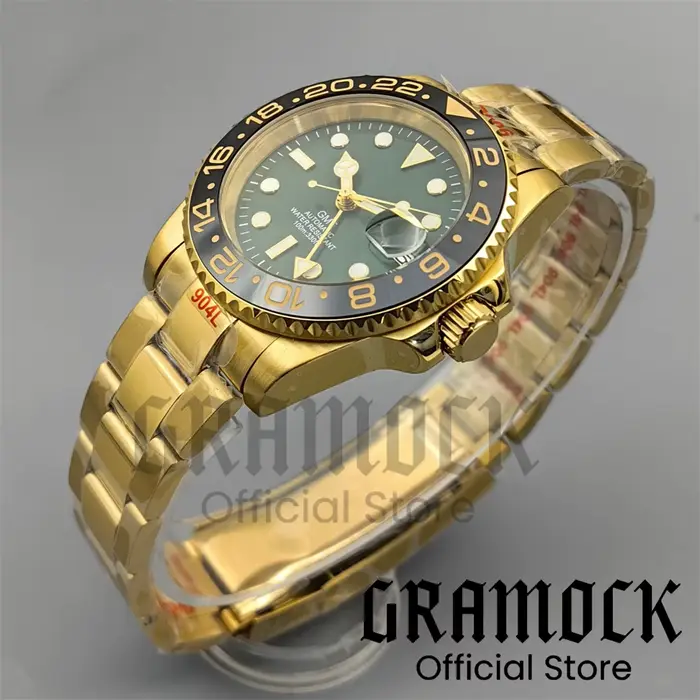Montres Vintage personnalisées pour hommes, or jaune NH34, automatique, mécanique, cadran vert, lunette rotative, saphir, étanche, GMT