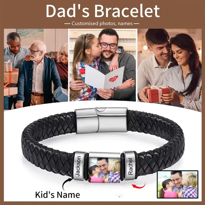 Bracelet en cuir personnalisé avec photo et nom gravé