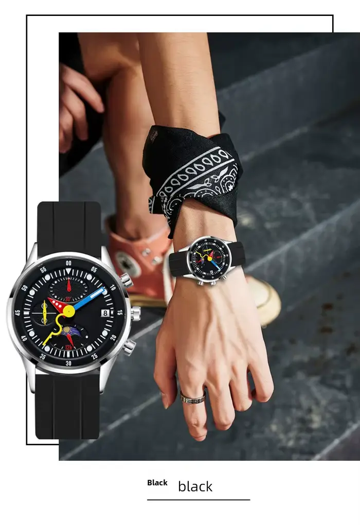 Montre multifonctionnelle homme phases de lune lumineuses design pointeurs unique et intéressant création calendrier étudiant horloge originale